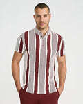 Express Men's Textured Jacquard Striped Cotton-Blend Short Sleeve Polo in Deep Chestnut