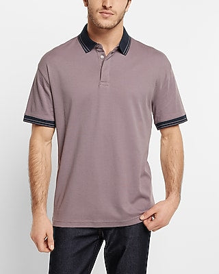 Express Men's Relaxed Solid Tipped Collar Polo in Purple Small