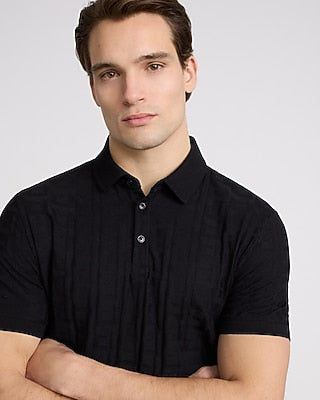 Express Men's Textured Geo Cotton-Blend Jacquard Polo in Pitch Black