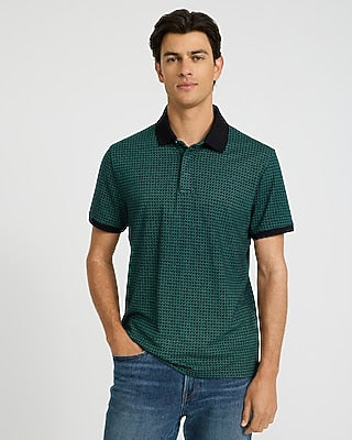 Express Men's Geo Print Luxe Pique Polo in Green Small