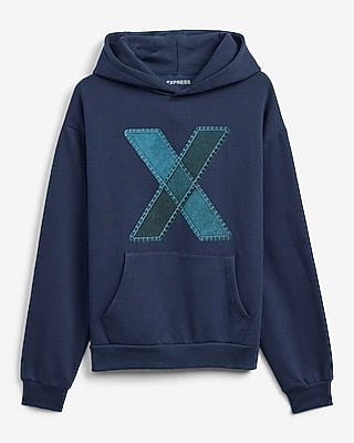 Express Men's Patch X Logo Navy Fleece Hoodie in Navy Blue