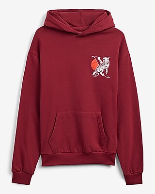 Express Men's Tiger X Logo Burgundy Fleece Hoodie in Red Small