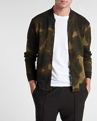 Express Men's Camo Bomber Sweatshirt in Olive Green