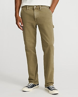 Express Men's Slim Straight Olive Green Wash Hyper Stretch Carpenter Jeans in Emerald Green