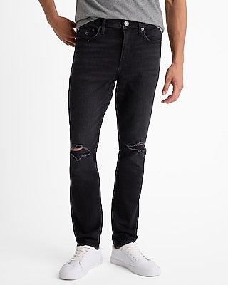 Express Men's Skinny Black Ripped Stretch Jeans in Medium Wash