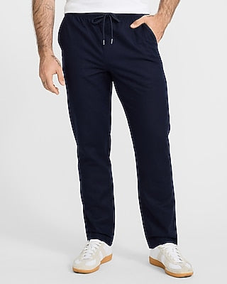 Express Men's Straight Linen Cotton Navy Drawstring Elastic Waist Pant in Blue Small
