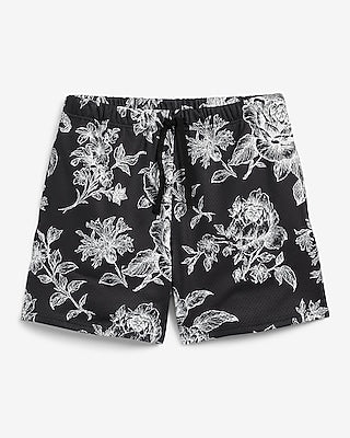 Express Men's Contrast Floral Mesh Drawstring Elastic Waist Shorts in B&w Print