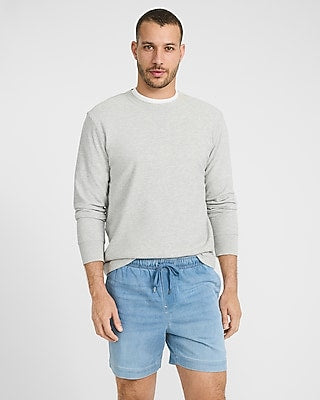 Express Men's 6" Slim Stretch Drawstring Elastic Waist Light Wash Flex Fleece Shorts in Chambray