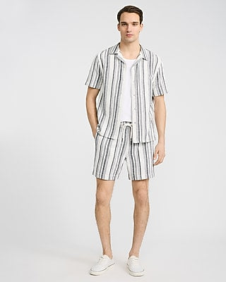 Express Men's 6" Slim Textured Striped Drawstring Elastic Waist Short in White Small