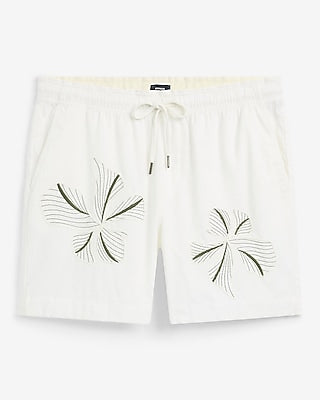Express Men's 6" Embroidered Floral Ivory Cotton Drawstring Elastic Waist Short in Vs Ivory