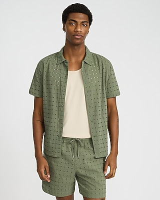Express Men's 6" Textured Check Eyelet Cotton Drawstring Elastic Waist Short in Green Small