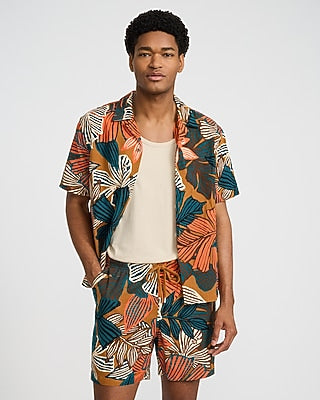 Express Men's 6" Slim Bright Floral Linen-Blend Drawstring Elastic Waist Short in Multi