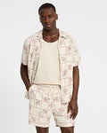 Express Men's 6" Slim Tropical Patchwork Linen-Blend Drawstring Elastic Waist Short in Red Small