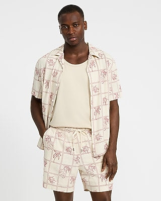 Express Men's 6" Slim Tropical Patchwork Linen-Blend Drawstring Elastic Waist Short in Red Small