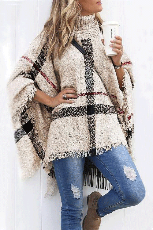 Chicest Tassel Lattice Cloak Poncho Sweater