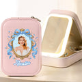 Marco de fotos personalizado de princesa Joyero de viaje de cuero de PU con nombre y espejo de maquillaje LED Regalo de cumpleaños, boda y despedida de soltera para niñas novias