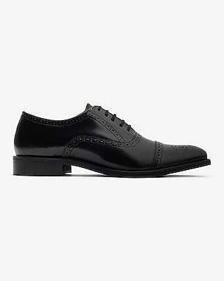 Express Men's Black Leather Brogue Cap Toe Dress Shoes in Pitch Black