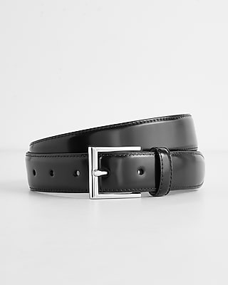 Express Men's Polished Black Silver Square Buckle Belt in Pitch Black