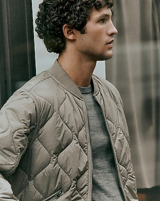 Express Men's Gray Quilted Bomber Jacket in Ash