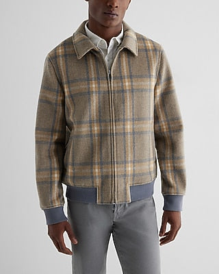 Express Men's Plaid Wool-Blend Bomber Jacket in Neutral Small