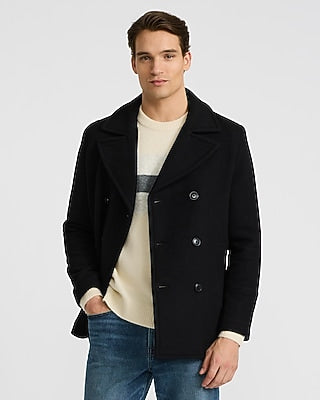 Express Men's Black Double Breasted Wool-Blend Peacoat in Jet Black
