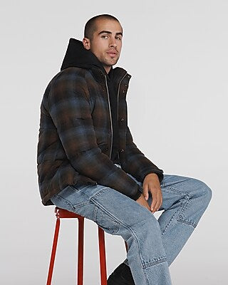 Express Men's Plaid Wool-Blend Flannel Puffer Coat in Blue Print