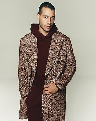 Express Men's Textured Herringbone Double Breasted Topcoat in Coffee