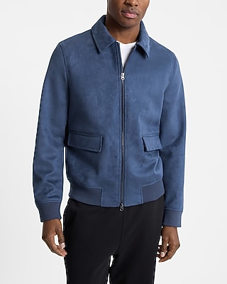 Express Men's Blue Faux Suede Bomber Jacket in Blue Print