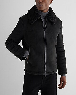 Express Men's Sherpa Lined Faux Suede Jacket in Jet Black