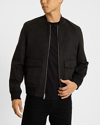 Express Men's Faux Suede Double Pocket Bomber Jacket in Jet Black