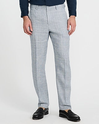 Express Men's Slim Blue Plaid Linen-Blend Hybrid Elastic Waist Suit Pants in Blue Print