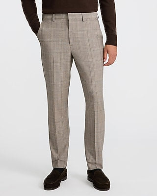 Express Men's Extra Slim Plaid Wool-Blend Stretch Suit Pants in Stone