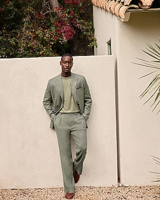 Express Men's Relaxed Dusty Olive Linen-Blend Suit Pants in Dusty Olive Green