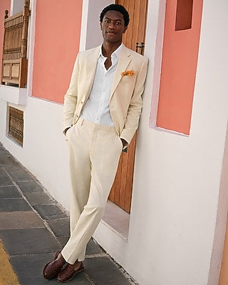 Express Men's Classic in Yellow Striped Linen-Blend Stretch Suit Pants