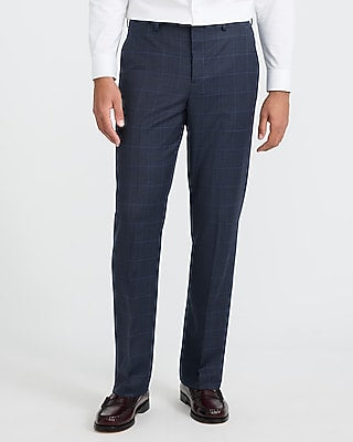Express Men's Classic Navy Plaid Wool-Blend Stretch Suit Pants in Blue Print