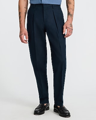 Express Men's Linen Cotton Pleated Tapered Dress Pants in Dark Blue