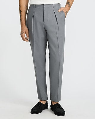 Express Men's Gray Linen Cotton Pleated Tapered Dress Pants in Light Gray