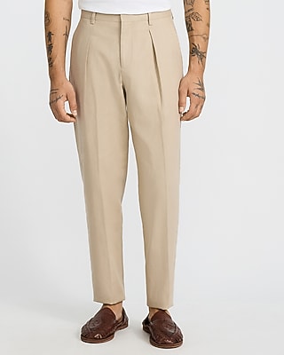 Express Men's Linen Cotton Pleated Tapered Dress Pants in Beige