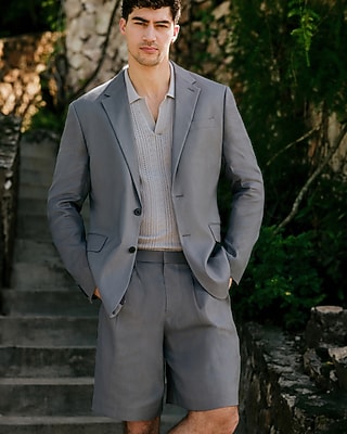Express Men's Baggy Blue Linen-Blend Pleated Suit Short in Painters Teal