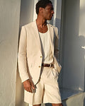 Express Men's Baggy Striped Linen-Blend Pleated Stretch Suit Short in Neutral Stripe