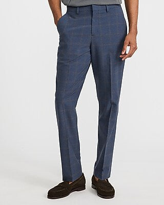 Express Men's Slim Blue Windowpane Stretch Dress Pants in Blue Plaid