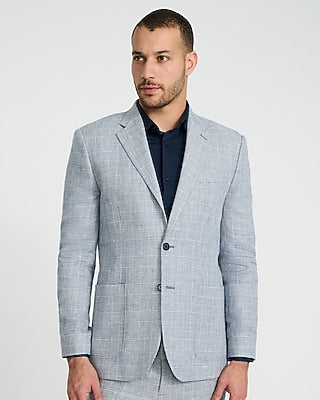 Express Men's Slim Blue Plaid Linen-Blend Suit Jacket in Blue Print