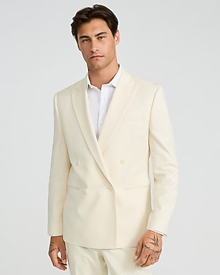 Express Men's Slim Ivory Wool-Blend Double Breasted Suit Jacket in Neutral
