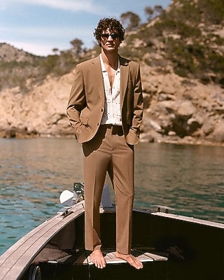 Express Men's Extra Slim Light Brown Wool-Blend Washable Modern Tech Suit Jacket in Deep Sand