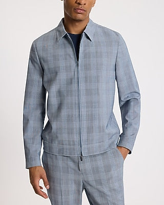 Express Men's Extra Slim Wool-Blend Washable Modern Tech Zip Suit Jacket in Blue Plaid
