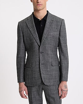 Express Men's Slim Gray Textured Woven Wool-Blend Suit Jacket in Black And White