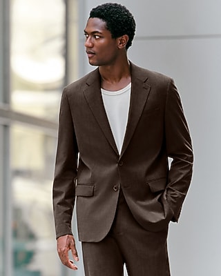 Express Men's Relaxed Brown Stretch Suit Jacket in Brown Plaid