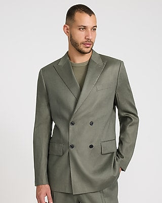 Express Men's Relaxed Dusty Olive Linen-Blend Double Breasted Suit Jacket in Dusty Olive Green