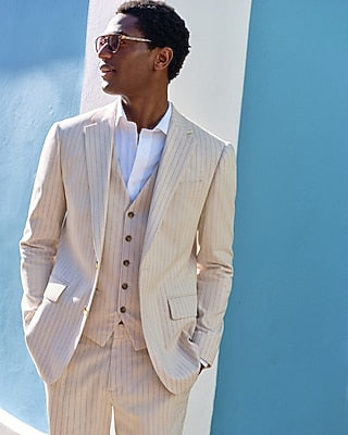 Express Men's Slim Striped Linen-Blend Stretch Suit Jacket in Neutral Stripe