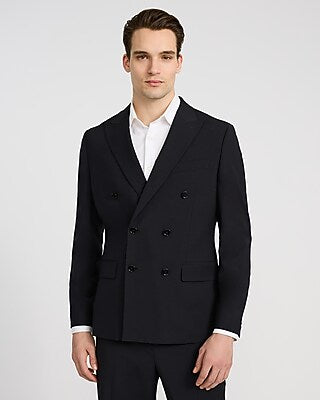 Express Men's Classic Wool-Blend Washable Modern Tech Double Breasted Suit Jacket in Black